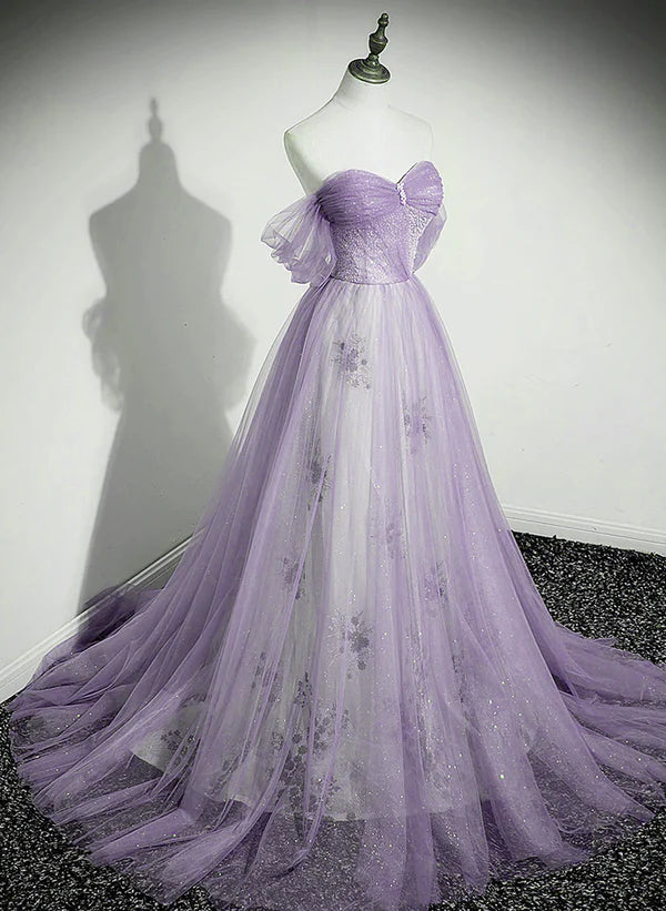 Lavender Tulle A-line Beaded Off Shoulder Party Dress